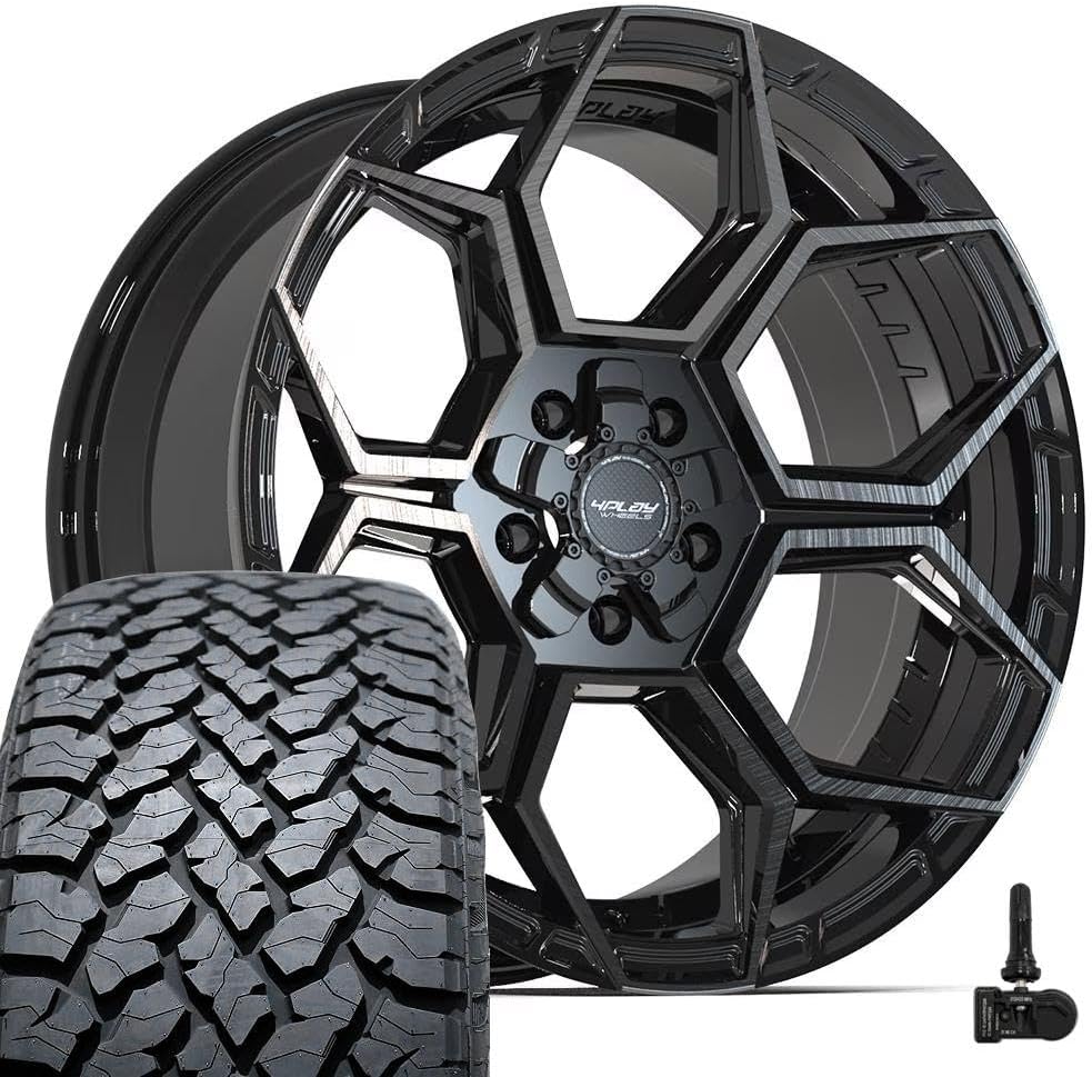 4PLAY Wheels 4PS26 20 Inch Rims and Tires Fit 5x127 & 5x139.7 20x9 Gloss Black Brushed with Tinted Clear - TS-37 AT 275/55-20 (Set of 4)