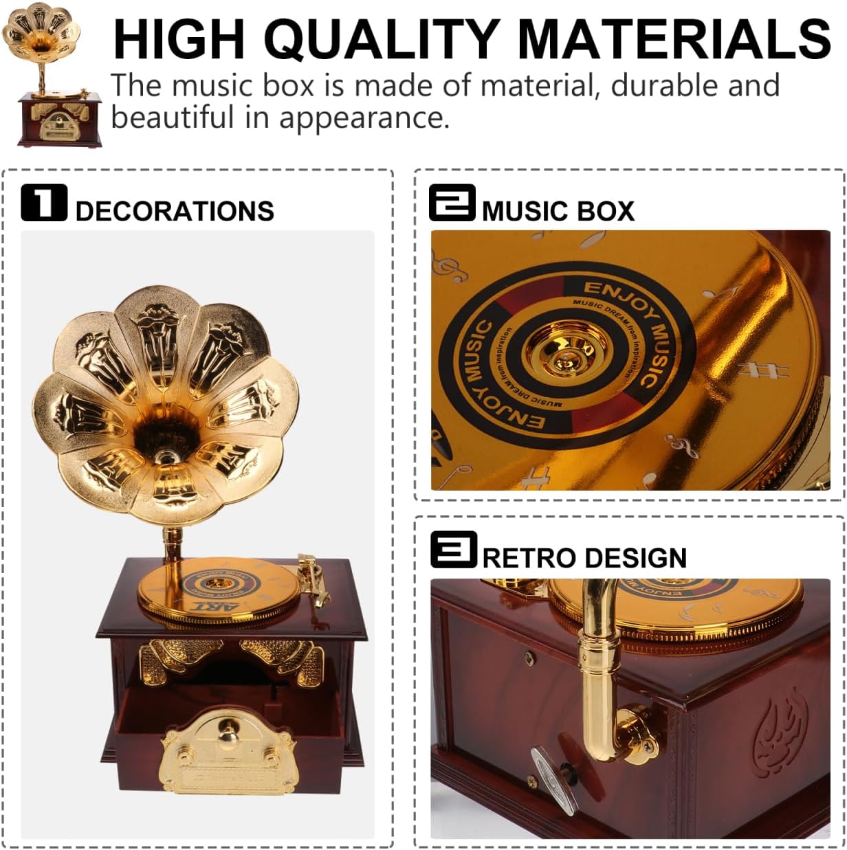 PRETYZOOM 9 * 5 * 3 Inch Retro Phonograph Music Box Model, Faux Creative Plastic Gramophone Desktop Ornament, Vintage Home Office Decor for Musical Friends and Family, Brown