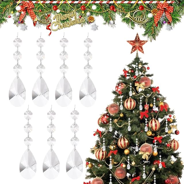 EMAGEREN 30 PCS Christmas Tree Decorations Acrylic Crystal Pendant Chandelier Lamp Teardrop Curtain Clear Droplet Xmas Hanging Ornament for Curtain Lamp Vase Garden Party Christmas Wedding Decor