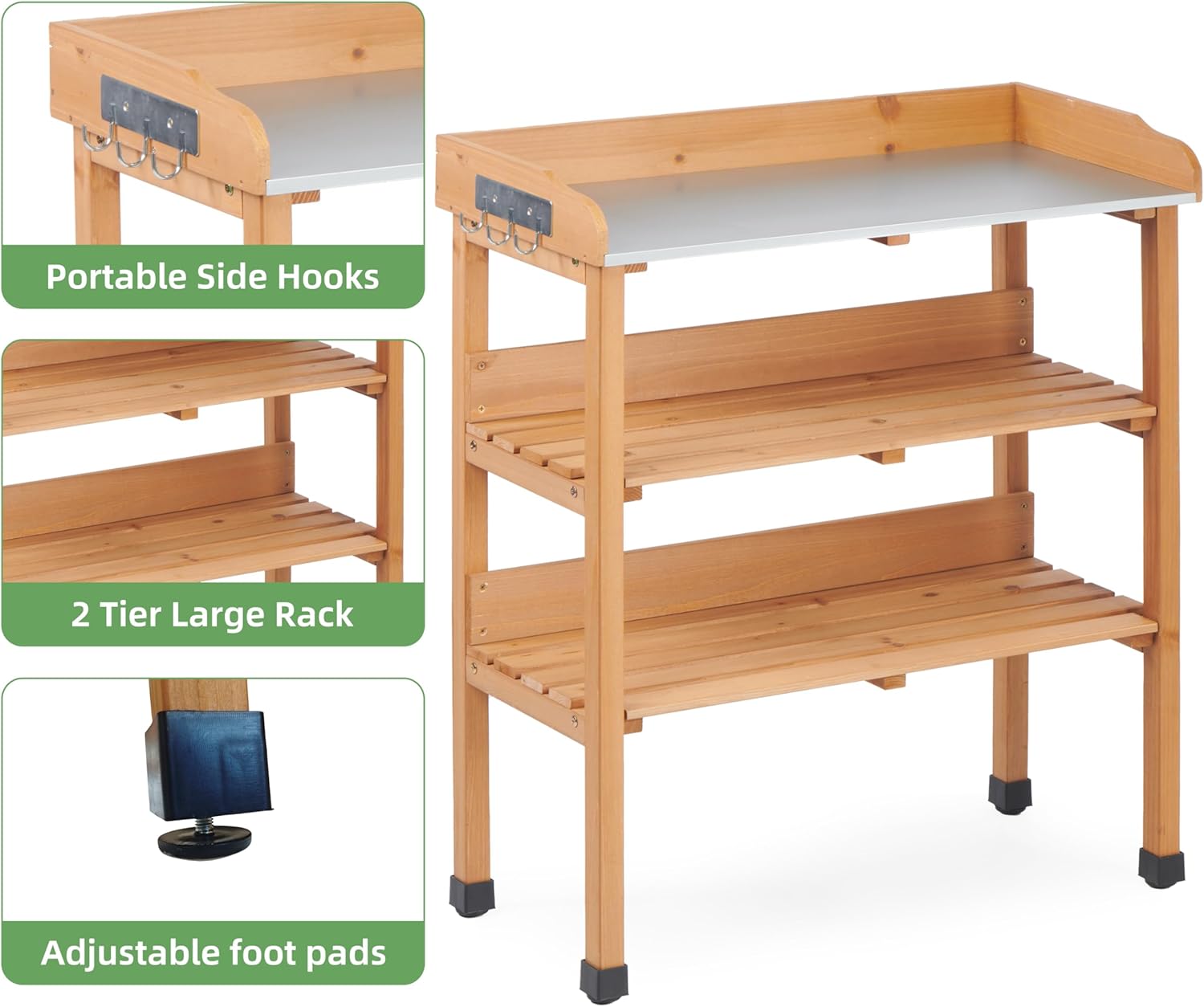 Outdoor Wooden Potting Bench Table, Garden Wood Workstation Planting Table with Metal Top, Storage Shelf, and 3 Hooks for Gardening, Light Brown