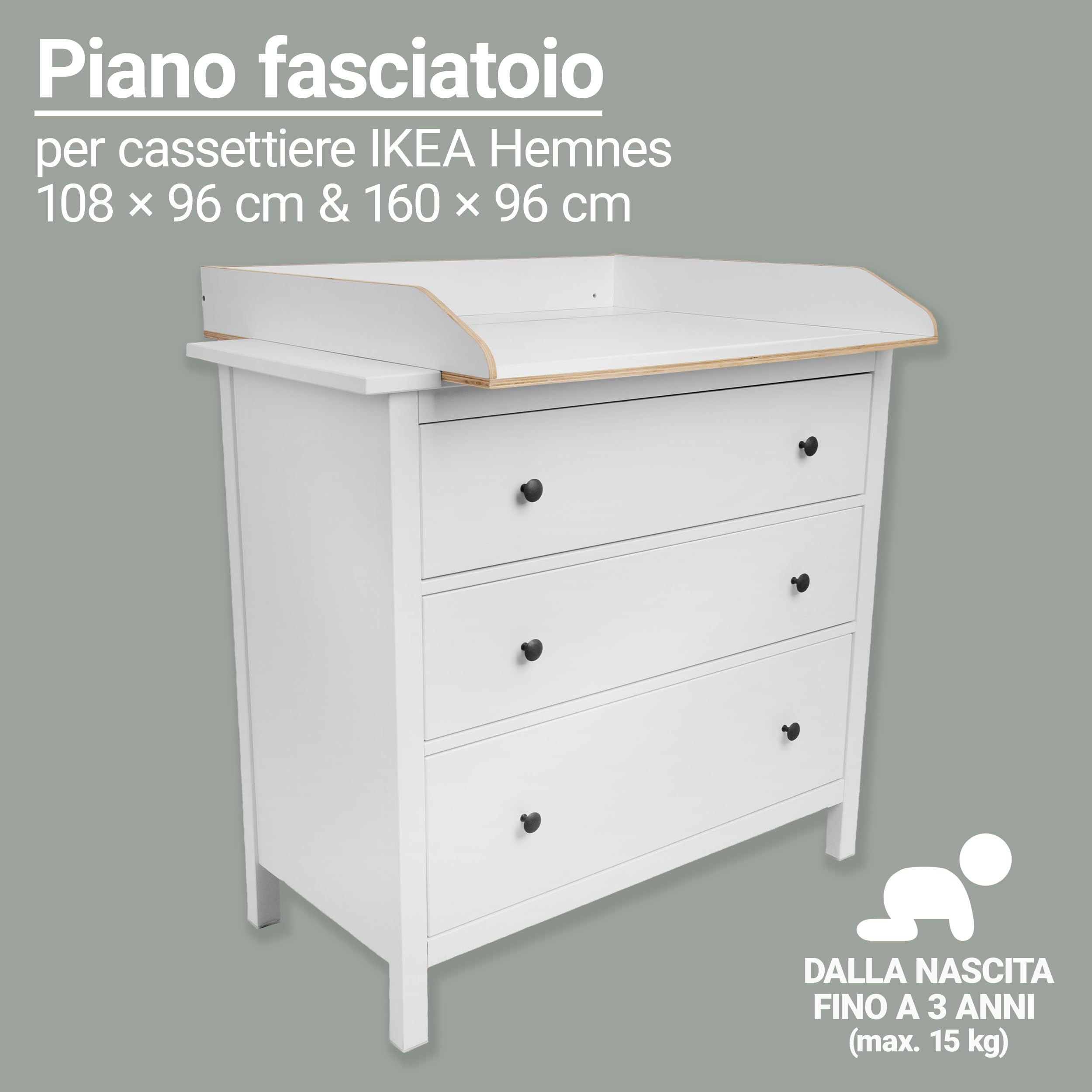 Jonka Piano Fasciatoio per Cassettiera IKEA Hemnes 108 160 cm Legno Naturale Bianco DIN EN 12221