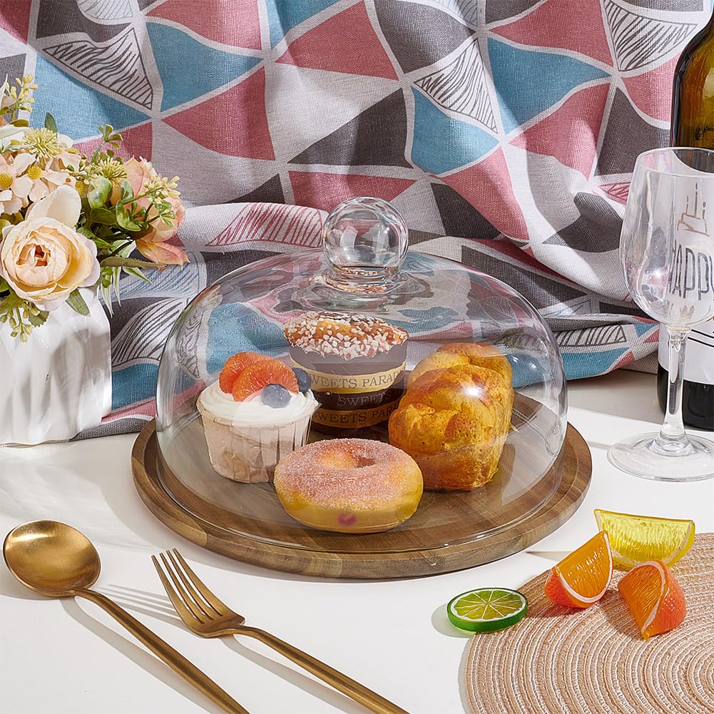 nbeads Présentoir à Gâteau avec Dôme en Verre, Cloche à Gâteau en Verre avec Base en Bois D'Acacia Plateau à Gâteau avec Couvercle pour Cuisine Fêtes Pâtisserie Cadeaux, 25.5x25.5x17cm