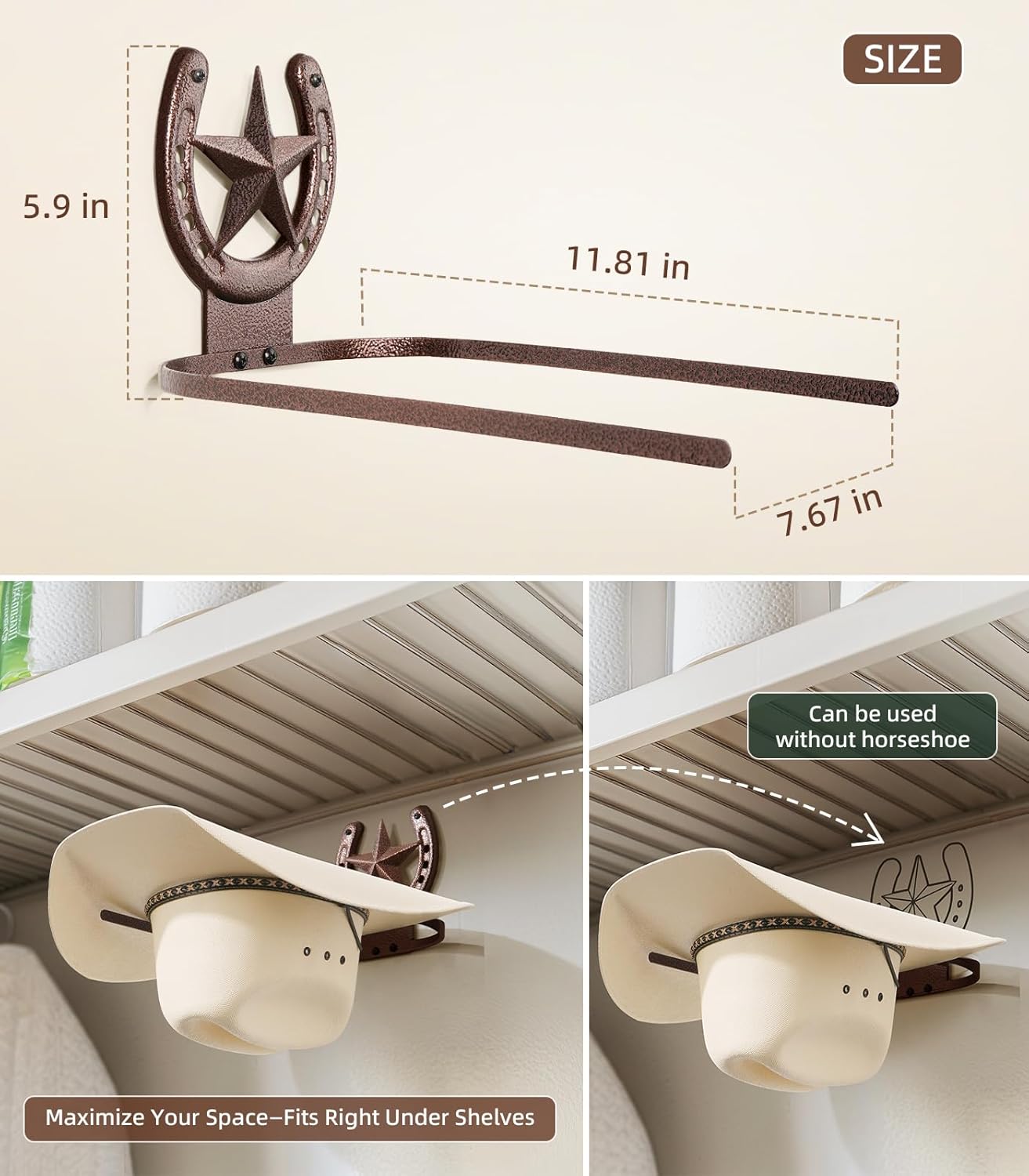 Cowboy Hat Rack Wall Mount,Cowboy Hat Holder for Wall,Western Home Decor,Hat Organizer for Caps,Rustic Horseshoe Star Metal Hat Hanger for Closet Horse Trailer Entryway Bedroom,4 Pack,Bronze