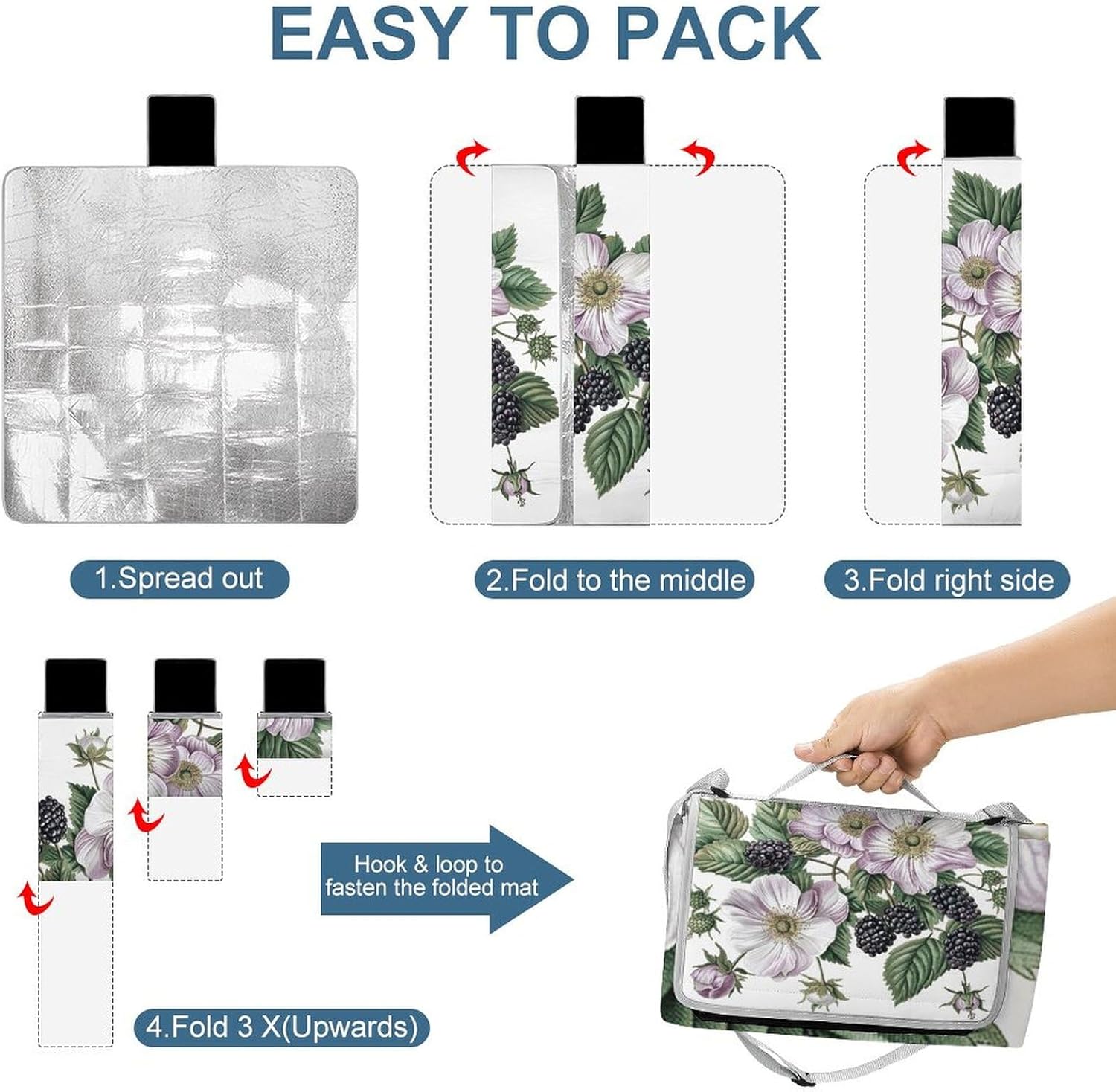 Outdoor Picnic Blanket Extra Large Beach Blanket Waterproof Picnic Mat Flowers and Blackberries Camping Blanket Portable with Carry Strap Park Blanket for Grass Camping Park