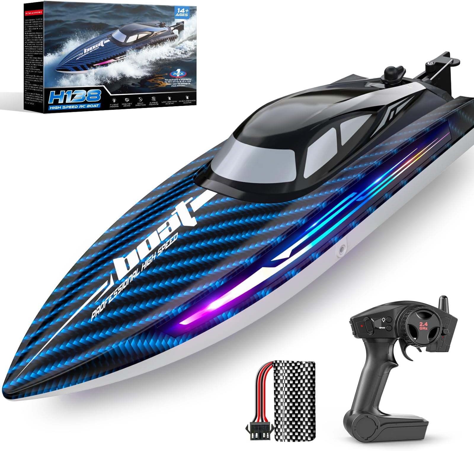 30KMH RC Remote Control Boat with 7 LED Light Modes Waterproof Electric Fast Boat for Adults Kids 8-12 Years Old Lake Pool Water Play Freestanding Demo Water Cooling 20 Minute Low Battery Alert 2.4Ghz