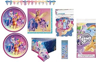 My Little Pony Birthday Party Supplies Bundle Pack includes 16 Lunch Plates, 16 Napkins, 1 Table Cover, 1 Happy Birthday Banner