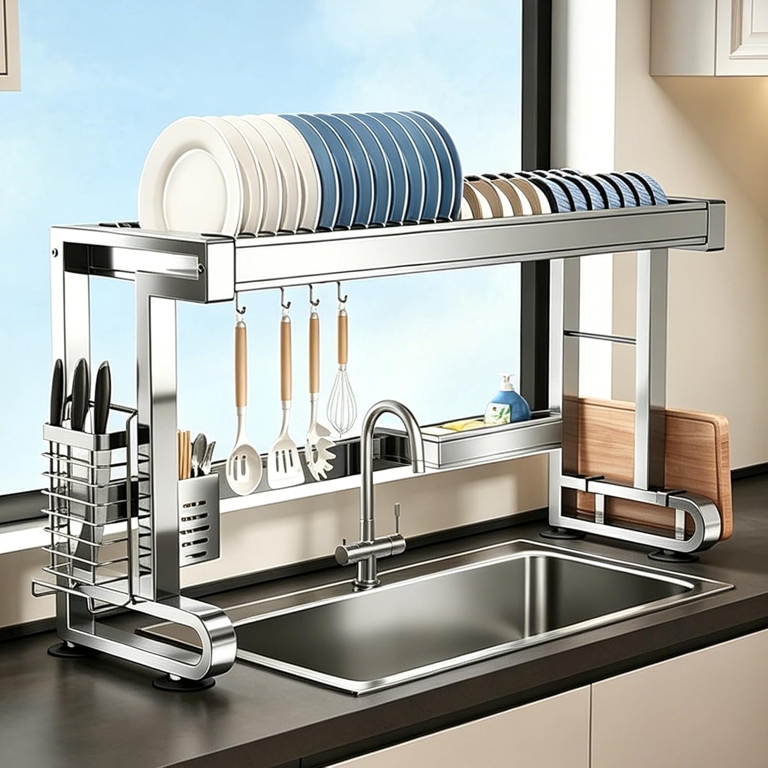 304 Stainless Steel Over The Sink Dish Drying Rack, Multifunctional Countertop Dish Storage Rack Sink, Adjustable Over Sink, for Dishes, Glasses, Bowls, Cutlery(Single-Layer,66cm/26in)