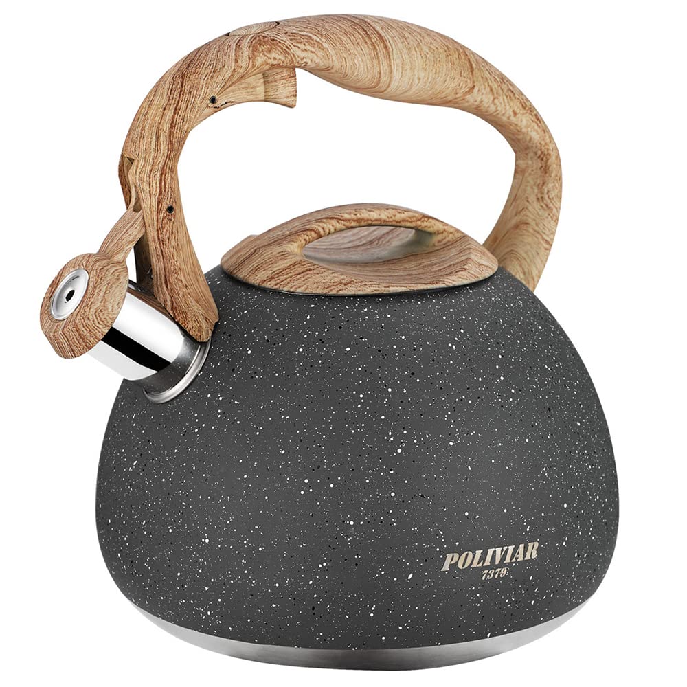 Poliviar JX2018-GR20-DE - Hervidor de agua inducción con silbato acero inoxidable, para todas las placas cocina, mango madera, hervidor té o café, aprox. 3 L, estilo piedra