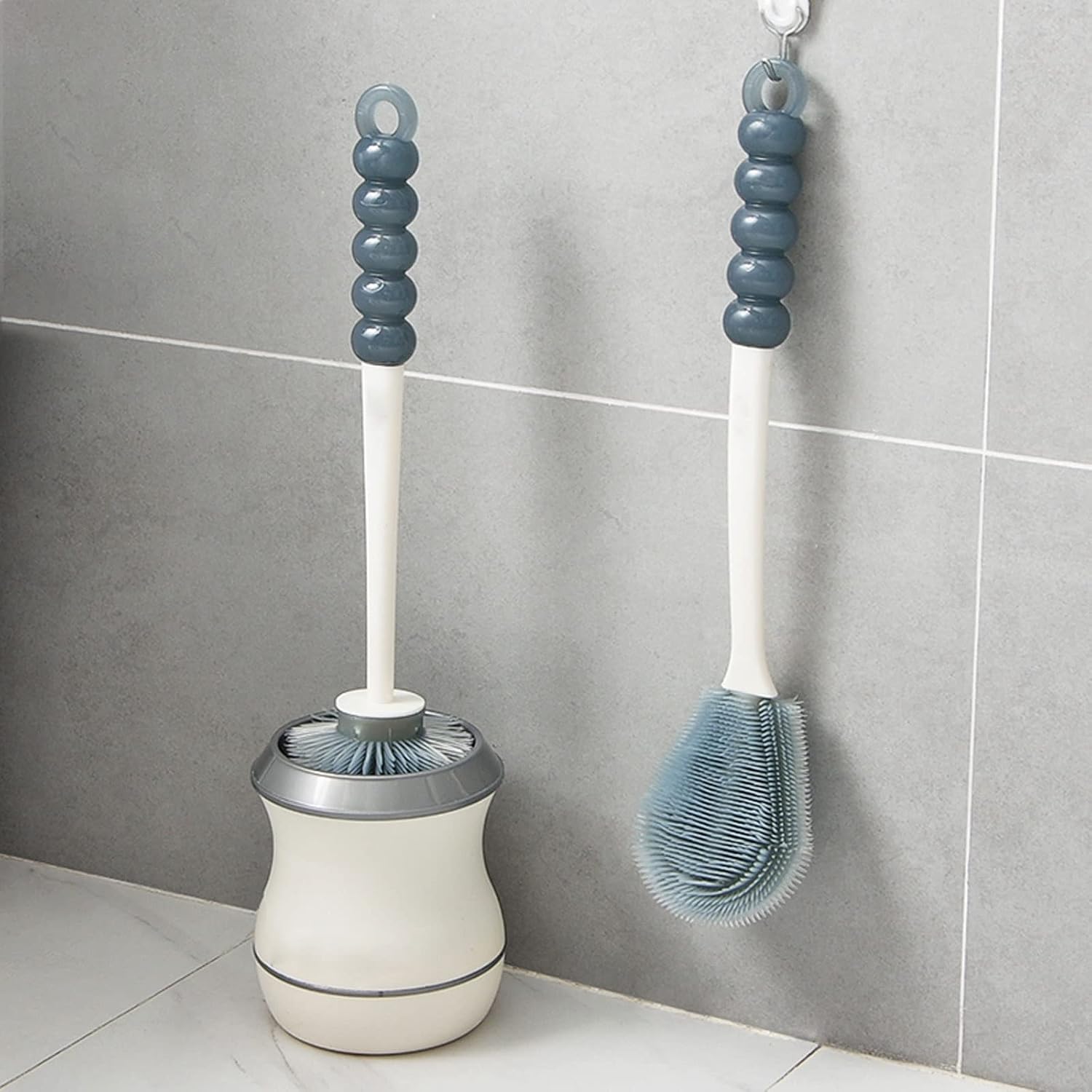 Toilet Brush Holder Toilet Brush and Holder Silicone Bristles Toilet Deep Cleaning with Non-Slip Long Handle Floor Standing Holder Quick Drying-White Toilet Brush Holders(B)