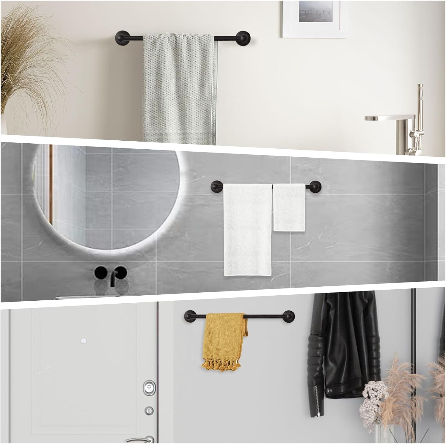 18-Inch Wall Mounted Towel Bar, Flat Black Towel Rack, Bathroom Towel Holder for Hand Towels, Modern Bathroom Towel Bar