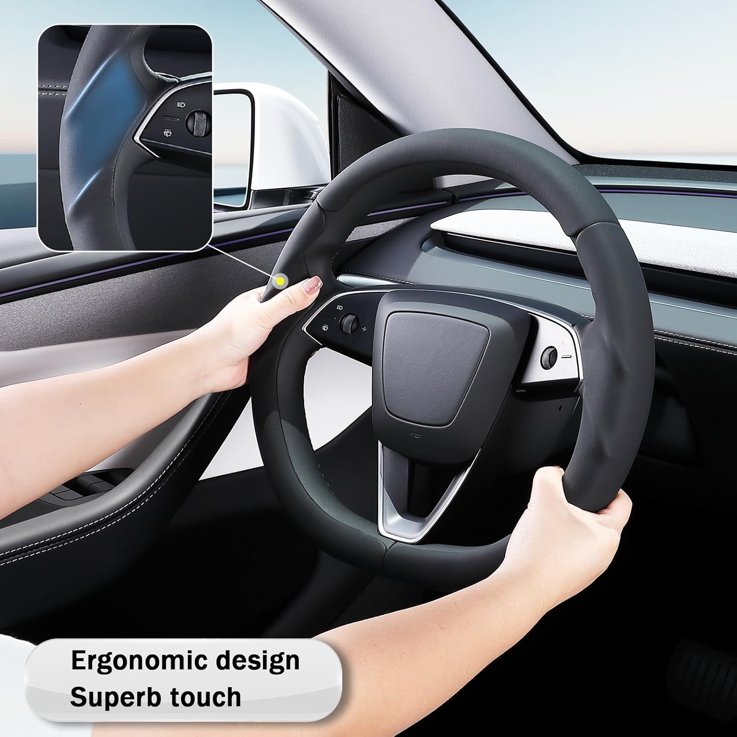 Steering Wheel Cover for Tesla Model 3 2024-Present Highland/Tesla Model Y Juniper 2025-Present, Leather Steering Wheel Cover for Tesla Model 3 Highland/Y Juniper Accessories, Black