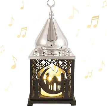 11.4" Metal Ramadan Lantern Lights with Music, Silver Black Mosque Moon Lamp Decorative Candle Holder Table Centerpieces Decor, Eid Mubarak Decorations for Home Mantel, Islamic Muslim Gift