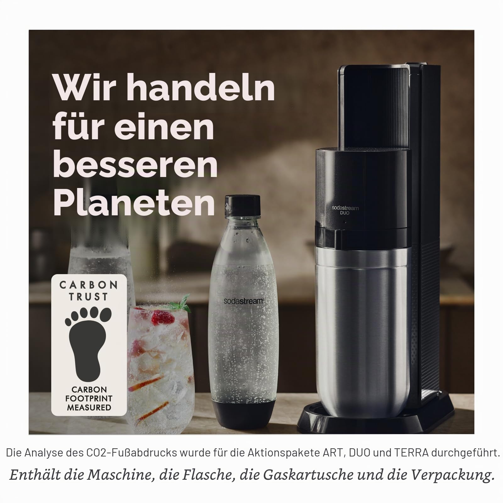 SodaStream Wassersprudler DUO Vorteilspack mit 1x Quick-Connect CO2-Zylinder, 2x 1L Glasflasche und 1x 1L spülmaschinenfeste Kunststoff-Flasche, Höhe: 44cm, Farbe: Titan