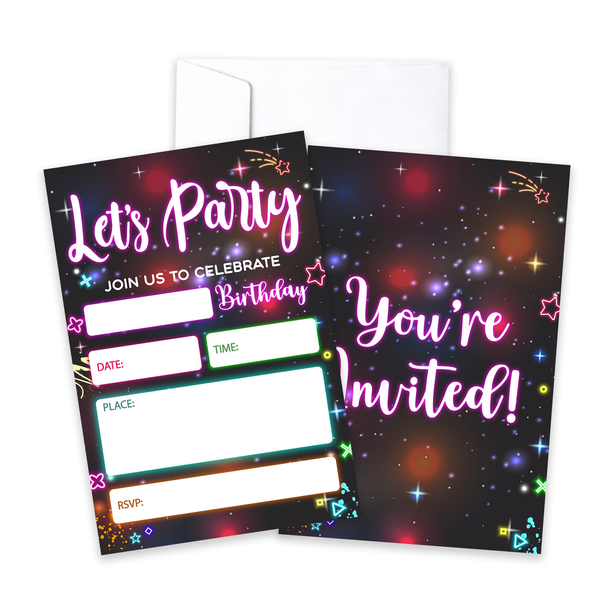 CLIRBE Let's Party Birthday Party Invitations, Glow Neon Invited Birthday Invitations For Teen Boys Girls, 20 Invites Cards With 20 Envelopes, Party Supplies Favors -H16