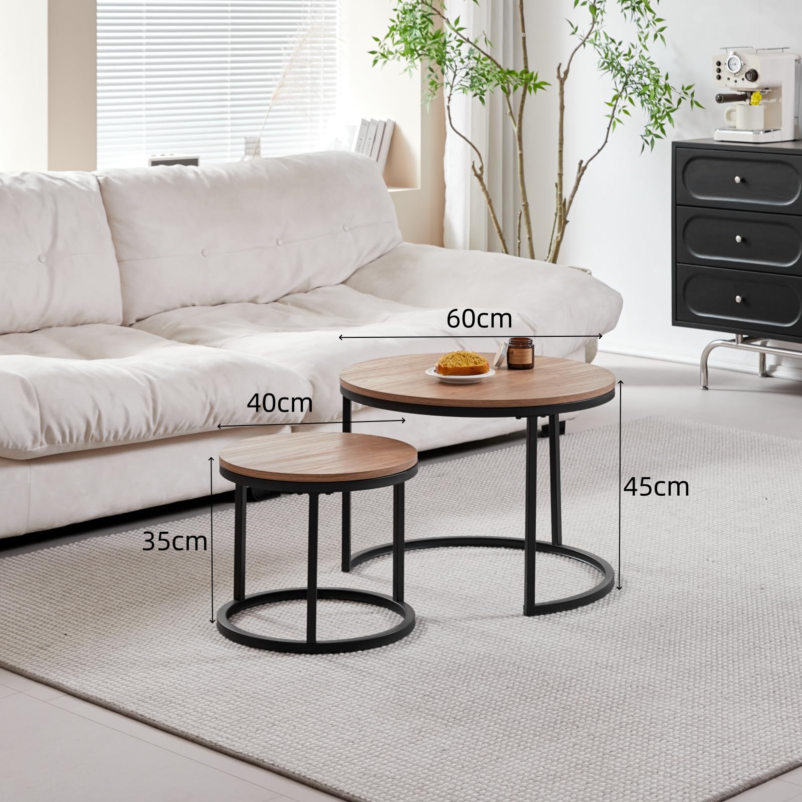 Set de 2 Tables Gigognes Rondes, Tables Basses, Grande : 60 x 60 x 45 cm ; Petite : 40 x 40 x 35 cm, Marron Foncé