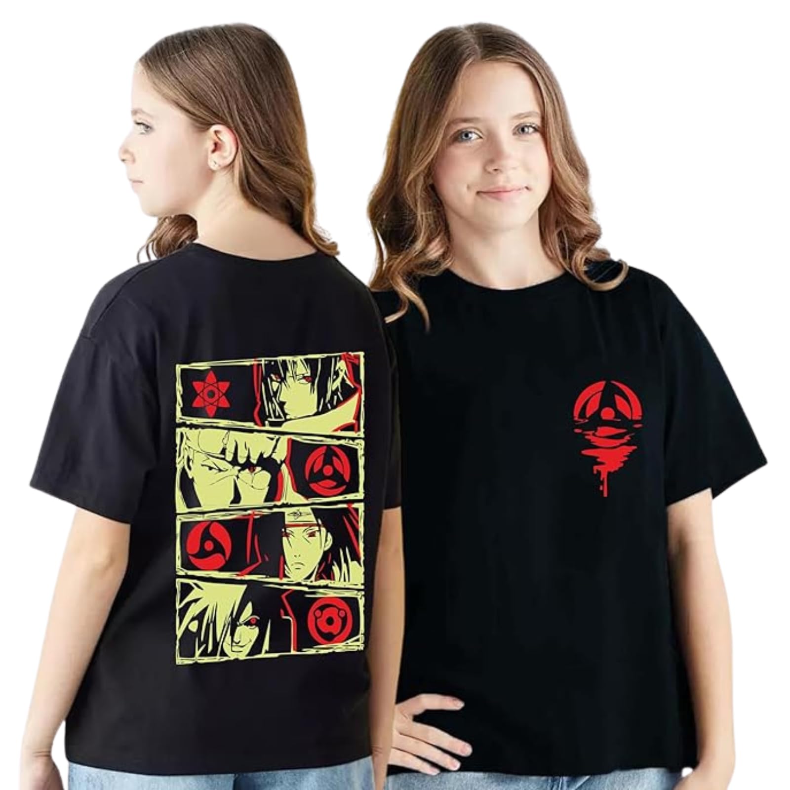 Uniplanet Store Camiseta de algodón de media manga, ajuste normal, color negro, Five Anime Story, camiseta para niña, estampado en la espalda