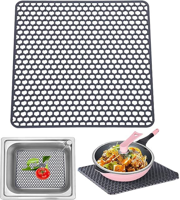 Large Sink Mat Dish Drying Mat Multipurpose Silicone Kitchen Draining Trivet Pad Protector Heatproof and Antiskid (Gray)