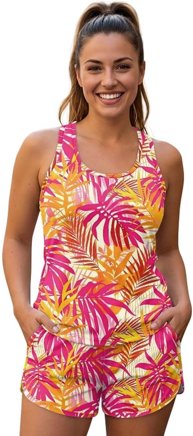 Ystardream Summer Swimwear for Women 2 Piece Tankini Swimsuit with Pockets Swim Shorts,Saltwater Resistant