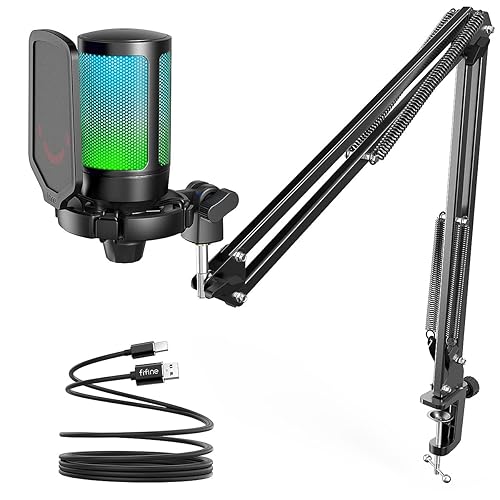 FIFINE USB Microphone Gaming Kit, RGB Condenser Microphone for PC PS5, with Silence Button, Shockproof Mount, Microphone Stand, Pop Filter, for Streaming Discord Podcasts - Suspension Brackets - Black