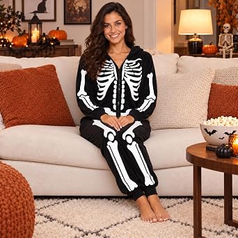 Just Love Skeleton Onesie Halloween Costumes for Women Adult - Comfortable Fleece Fabric with Cozy Hooded