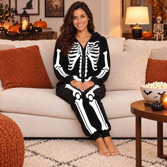 Just Love Skeleton Onesie Halloween Costumes for Women Adult - Comfortable Fleece Fabric with Cozy Hooded