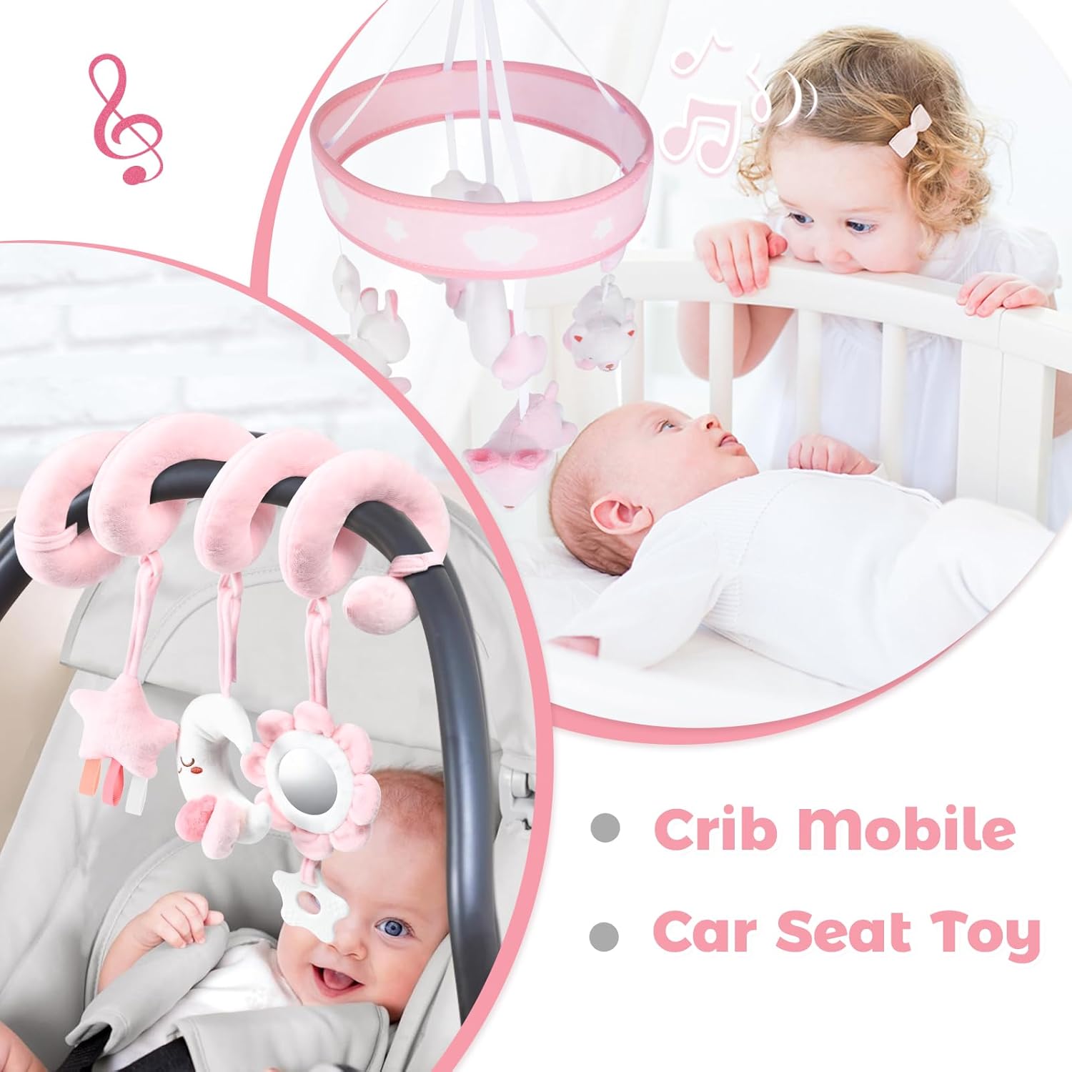 Baby Mobile for Crib with 12 Lullabies Digital Musical Box, Spiral Car Seat & Stroller Activity Toy, Pink Design for Nursey Decor