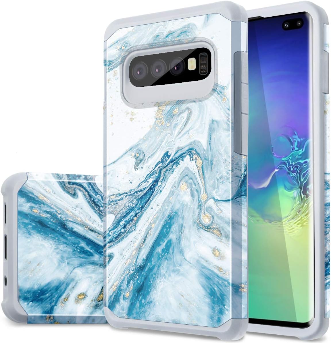 Fingic for Samsung S10 Plus Case,S10 Plus Case,Blue Marble Design Shiny Glitter Hard PC Soft Silicone Bumper Hybrid Protection AntiScratch Shockproof Phone Cover for Samsung Galaxy S10 Plus