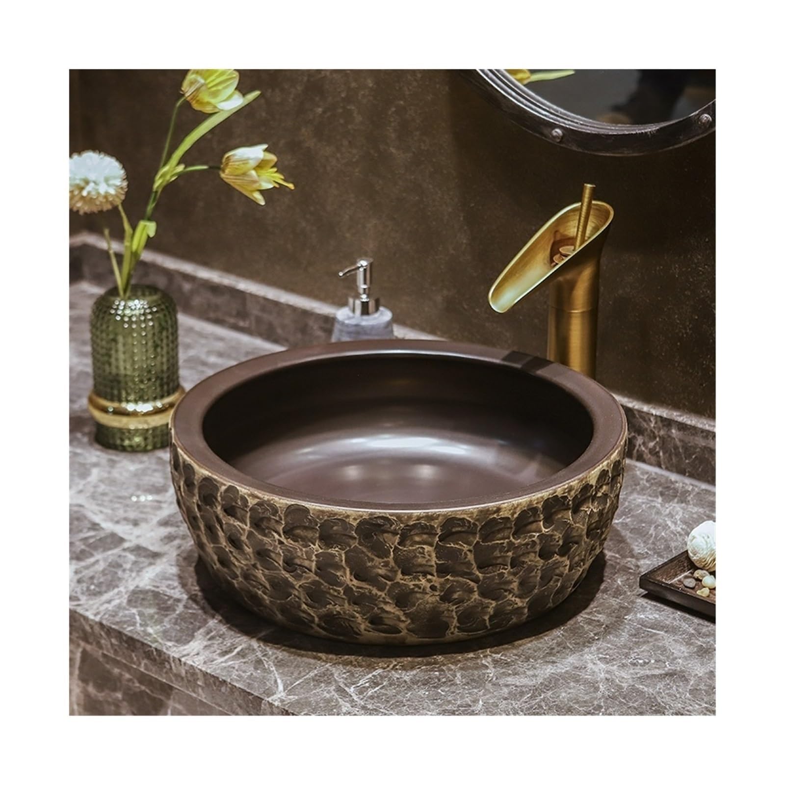 Aioneer Bathroom Sink Ceramic Art Washbasin Household Brown Countertop Basin Round Bathroom Sink Balcony Bathroom Washbasin Lavatory Vanity