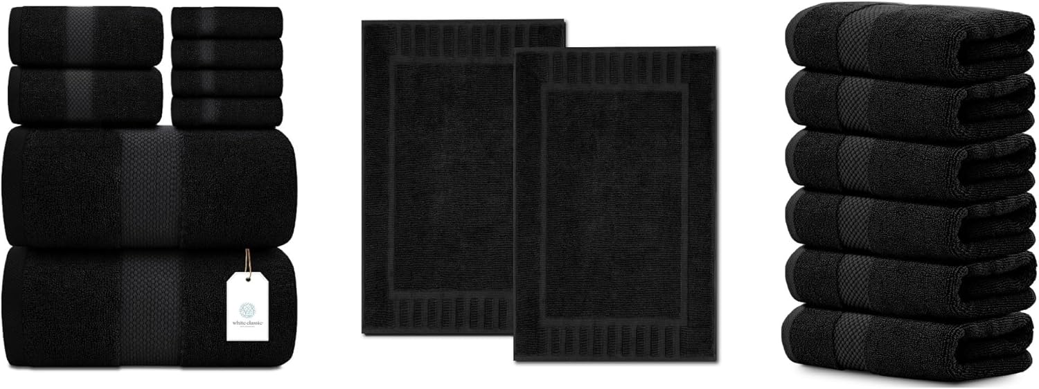 White Classic 8-Piece Black Towel Set [2 Bath Towels, 2 Hand Towels, 4 Washcloths], 2 Bath Mats 22 x 34 and 6 Hand Towels 16 x 30 | Cotton, Highly Absorbent and Quick Dry for Hotels, Spa and Bathroom