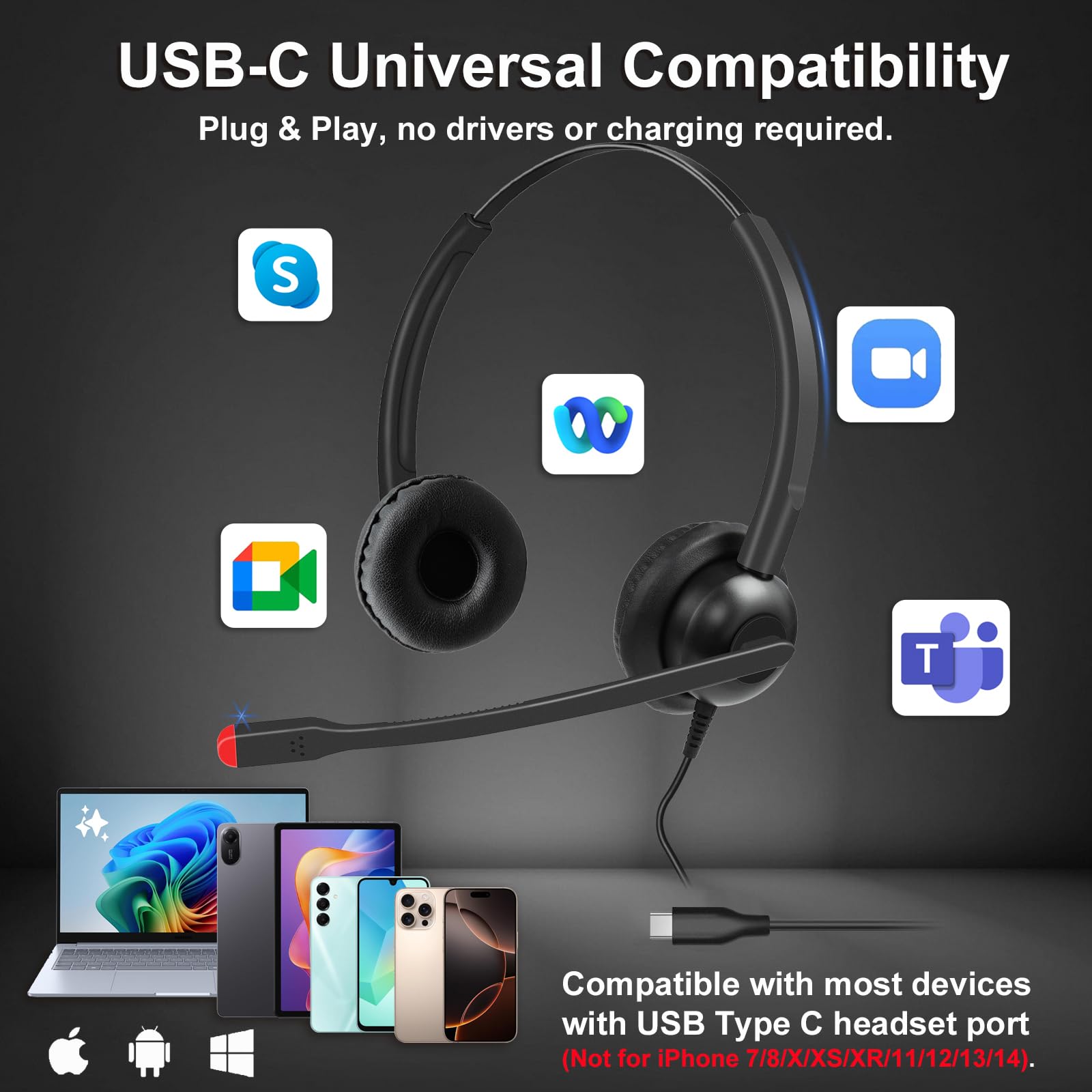 Callez Zestaw słuchawkowy USB-C z mikrofonem z redukcją szumów, zestaw słuchawkowy typu C do iPhone 17/16/15 Samsung telefon komórkowy laptop Mac tablet, przewodowe słuchawki PC do zespołów, Zoom