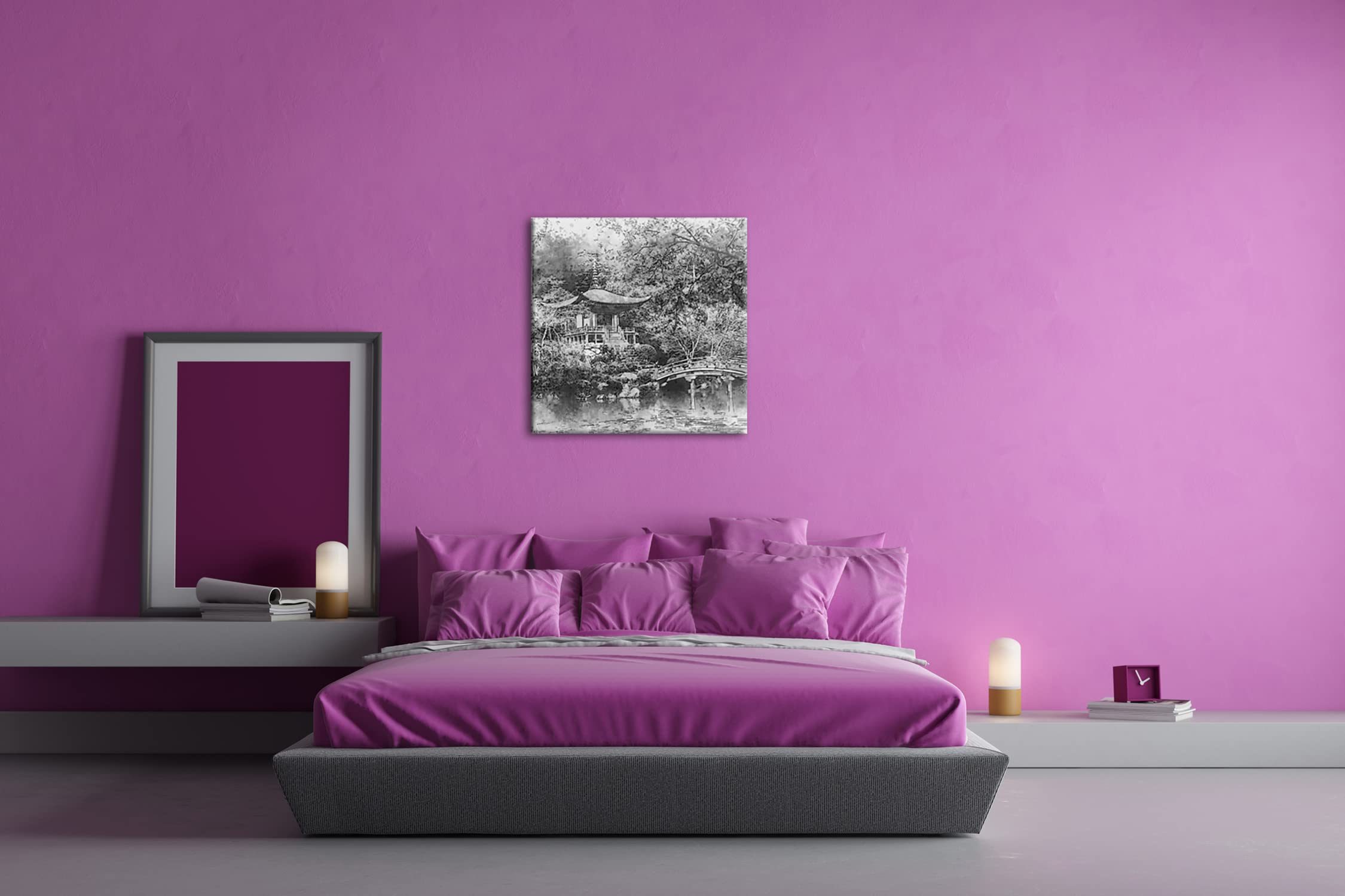 Effet jardin japonais traditionnel : noir et blanc, format : 70 x 70 cm, motif monté sur cadre en bois véritable, impression numérique de haute qualité, pas de poster ni d'affiche.