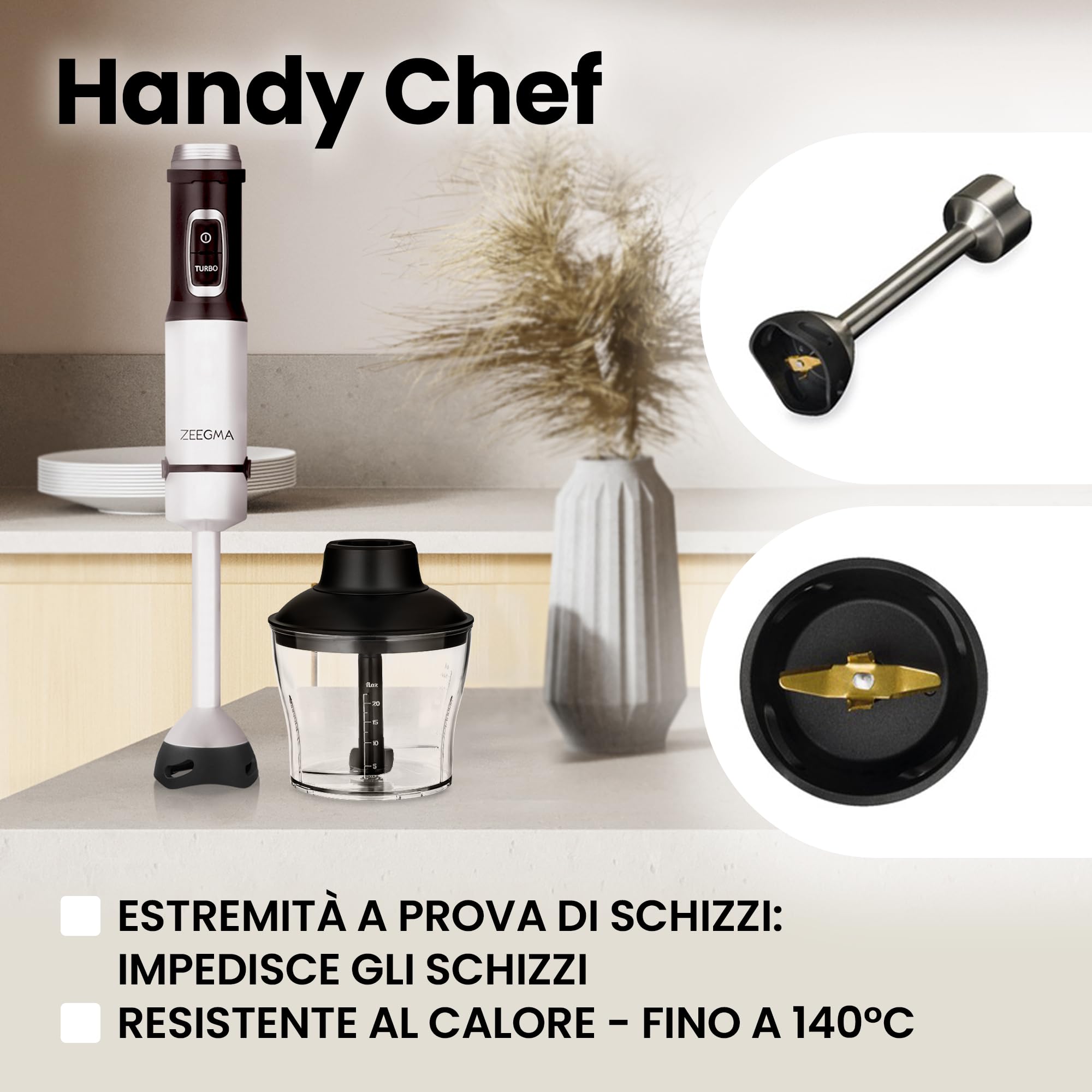 ZEEGMA Frullatore a Immersione 5 in 1 Multifunzionale Potenza di Picco | W, Set di Accessori per Frullare, Mescolare e Sbattere Gancio per Miscelare Mixer 0.6 L, Contenitore 0.8 L