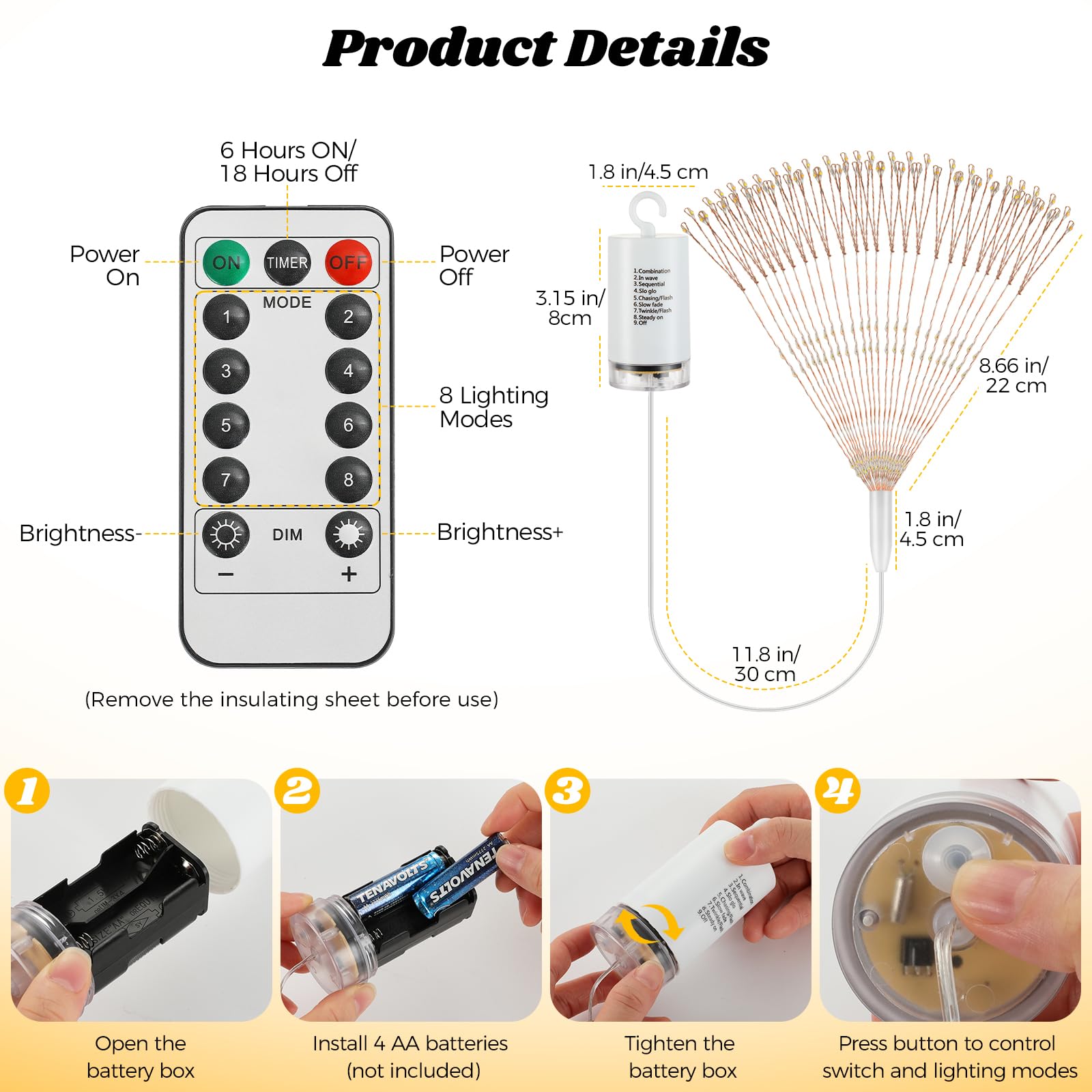 Lewondr Luci Fuochi D'Artificio Natalizi, 4PCS 210 LED Luci Appendibili Fate Con Telecomando, 8 Modalità, Luci A Stringa Stelle Impermeabili Per Interni Esterni Decorazione, Bianco Caldo