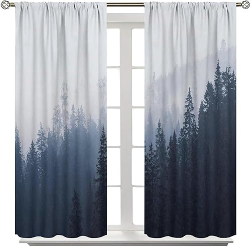 Miniatura 8 de Cortinas de bosque natural, bosque brumoso, cortinas de naturaleza de acuarela verde, bosque, pino, montaña, cortinas de ventana para sala de estar,
