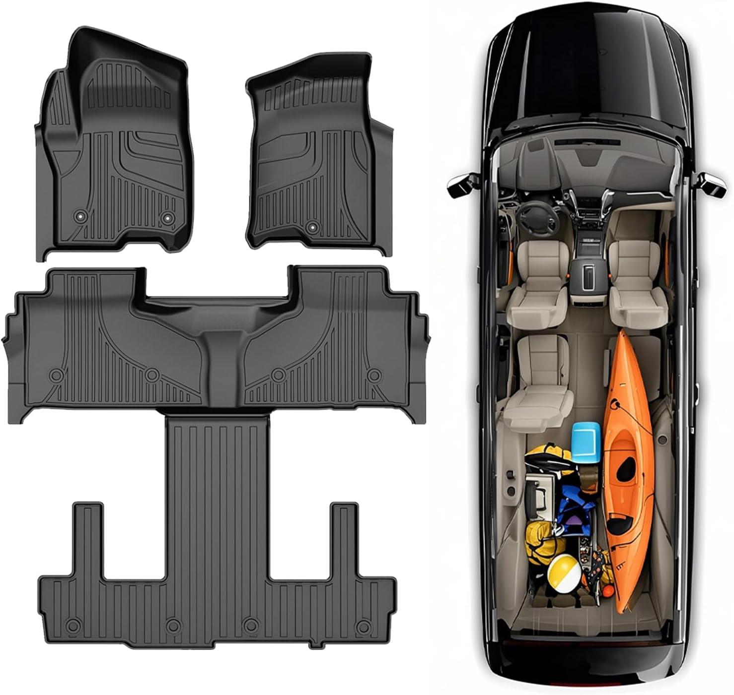 AOMSAZTO Floor Mats for 2021-2025 Chevy Suburban/GMC Yukon XL (7 Seats) - All Weather Protection Car Liners for Chevrolet Suburban with 2nd Row Bucket Seats 1st & 2nd & 3rd Row Anti Skid Mats