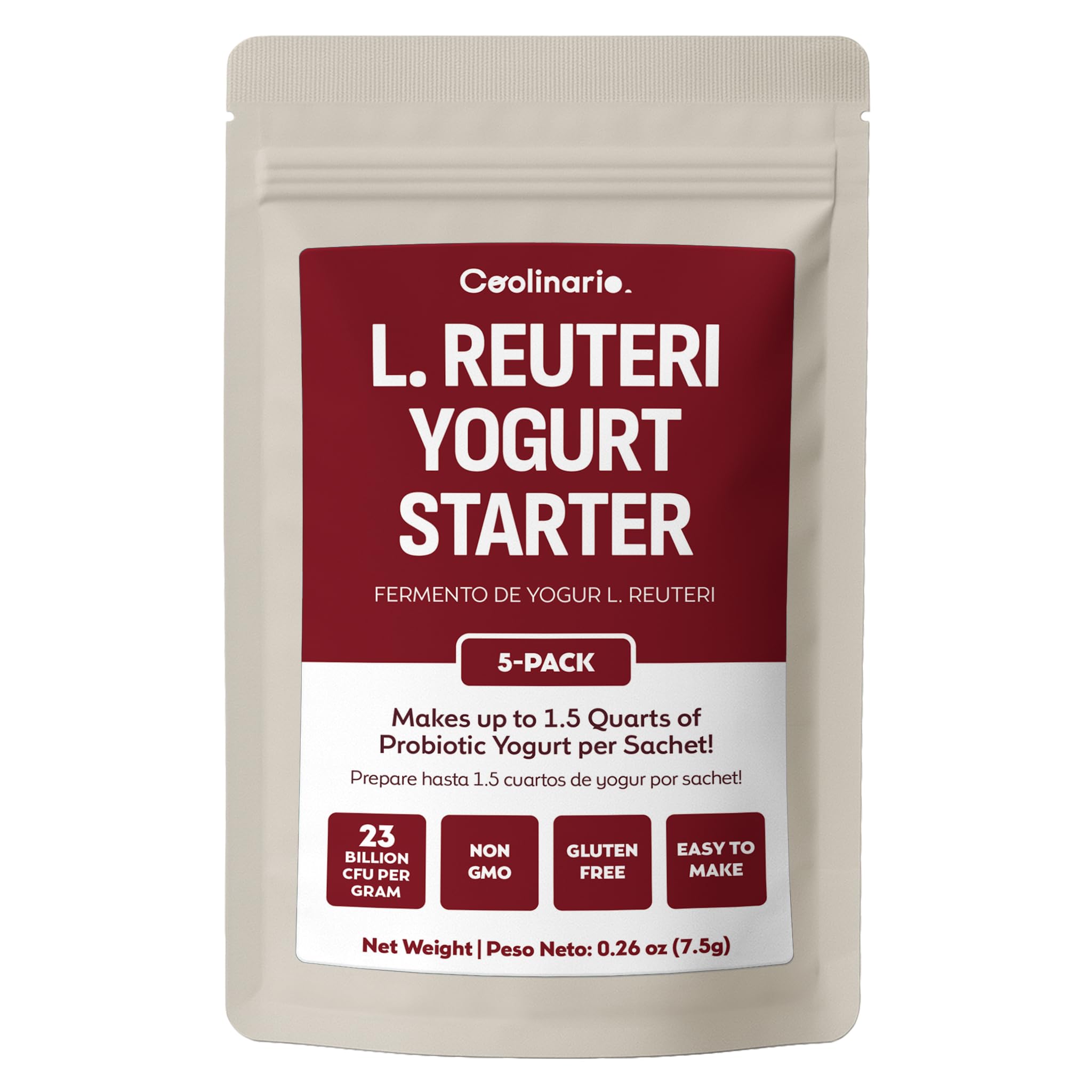 Coolinario L Reuteri Yoghurt Starter (5-Pack, 1g Sachets) Yogurt Starter Culture with Lactobacillus Reuteri Probiotics | Creamy & Delicious | Non-GMO, No Preservatives, Gluten Free, Halal, Kosher