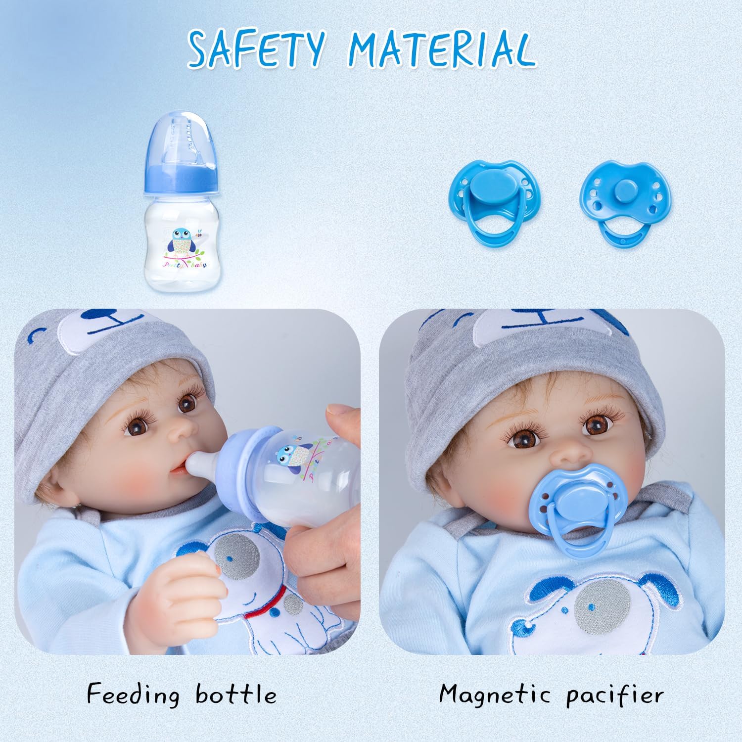 PEDOLLTREE 12 Pcs Set Reborn Baby Doll Clothes Accessories Blue Puppy Outfit Set for 18-22 Inch Newborn Baby Boy Reborn Doll Clothes with Monster Backpack