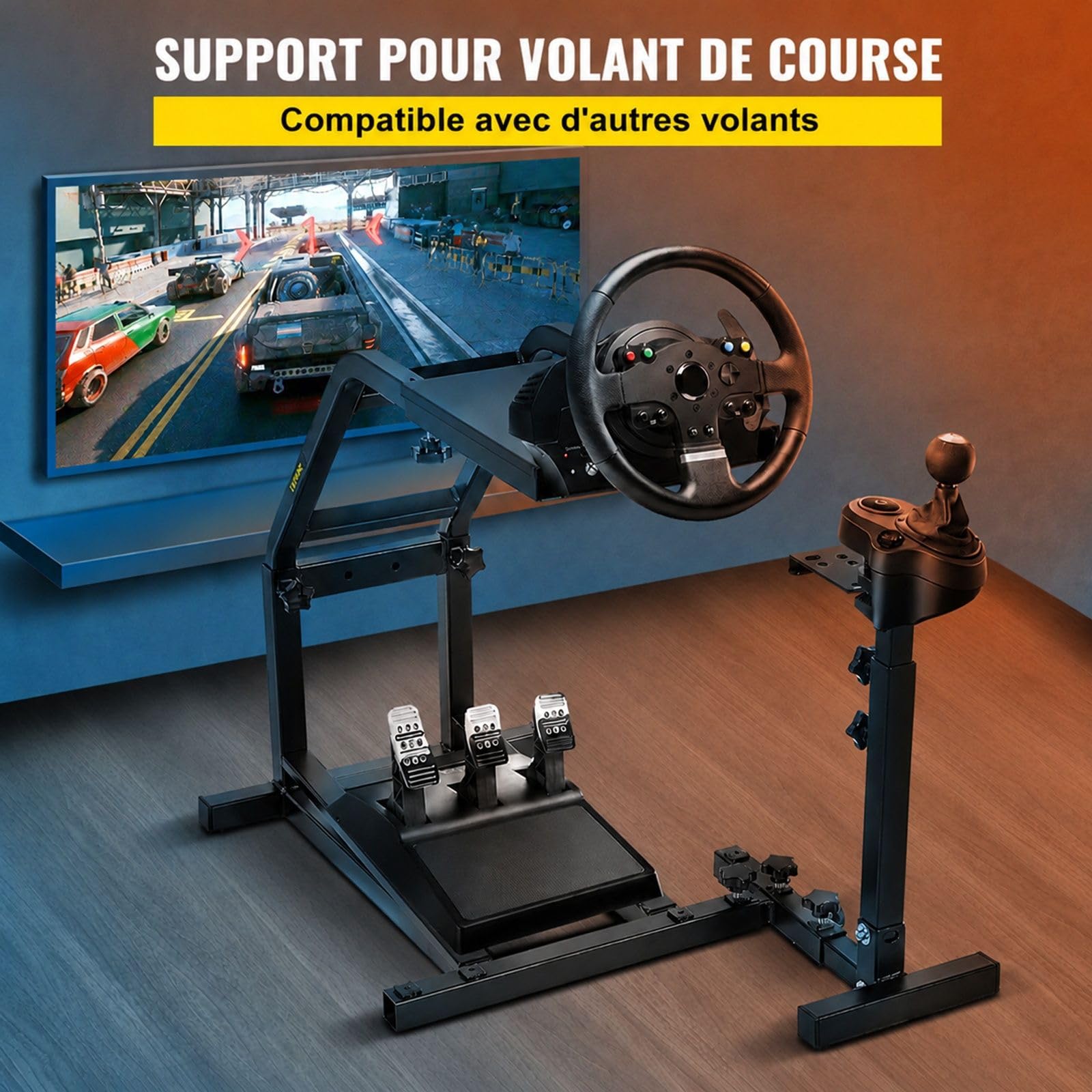Support de volant de course noir réglable avec support pour pédales et levier de vitesse, pour installation de simulation à domicile