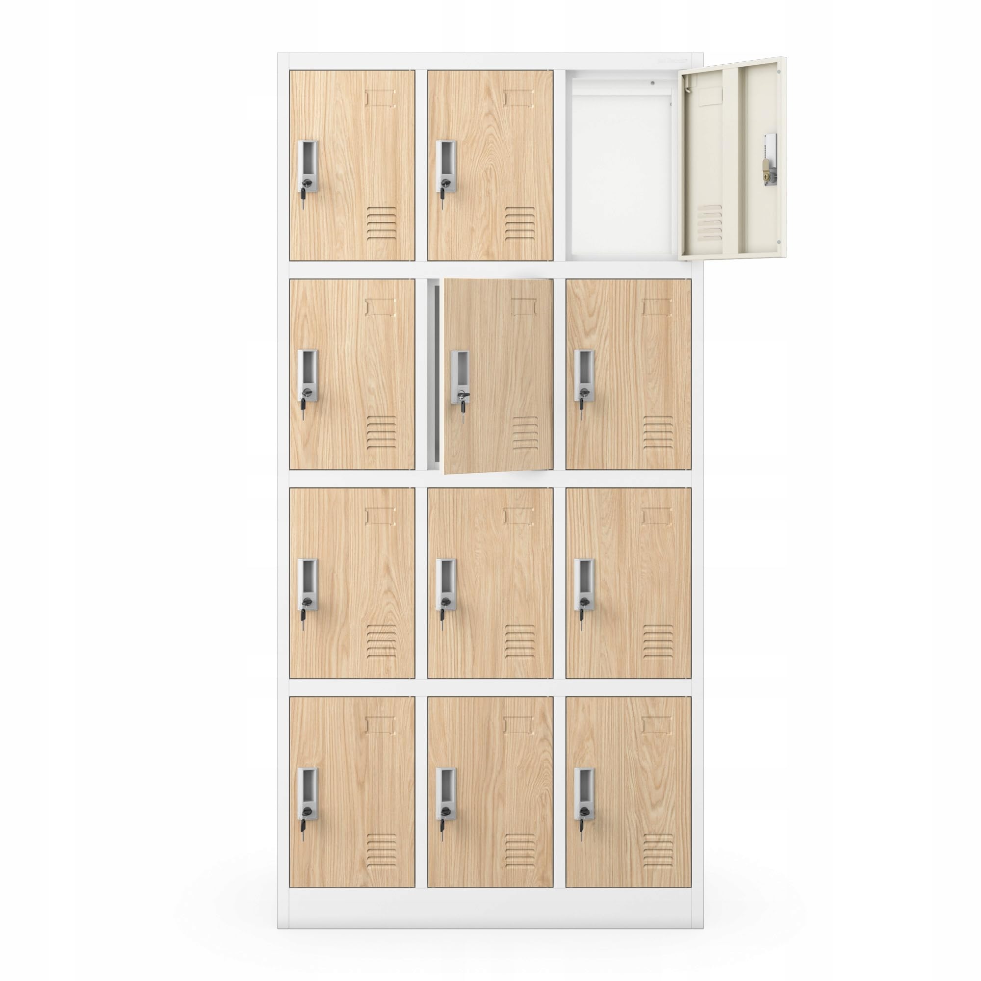Wertfachschrank 3B4A Fächerschrank Schließfachschrank 12 Fächer Metallspind Stahlblech Pulverbeschichtung 185x90x40 cm Weiß-Holz