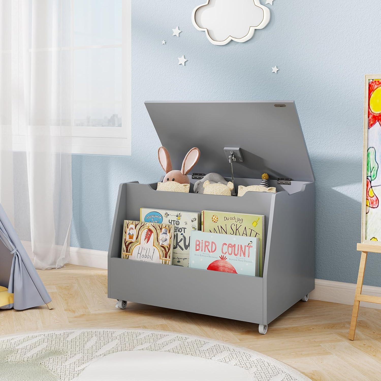 Costzon Kids Toy Box, Wooden Toy Storage Organizer for Girls Boys, Toy Storage Chest Bench for Toddler Room, Playroom, Bedroom, Living Room, Nursery (Classic, Gray)