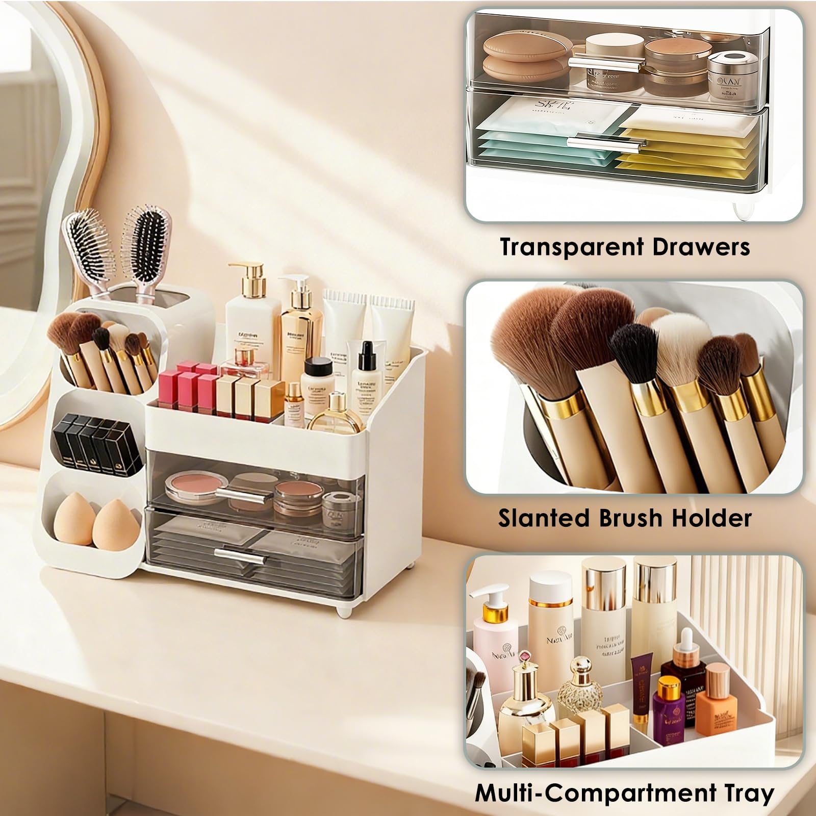 Make-up-Organizer mit Pinselhalter für Schminktisch, geräumige Kosmetikvitrine mit 2 Schubladen, der perfekte Badezimmer-Organizer für Beauty-Essentials, Hautpflege, Lippenstifte