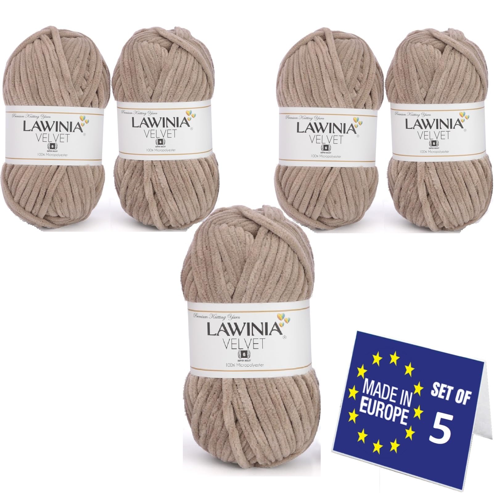 LAWINIA Premium Soft Chenille Yarn Chunky for Knitting, Thick Velvet Yarn, Does NOT SHED, Plush Crochet Chunky Wool, Fluffy Wool for Baby Blanket, Bag, Accessories, Amigurumi, Pack of 5 - Each 65m