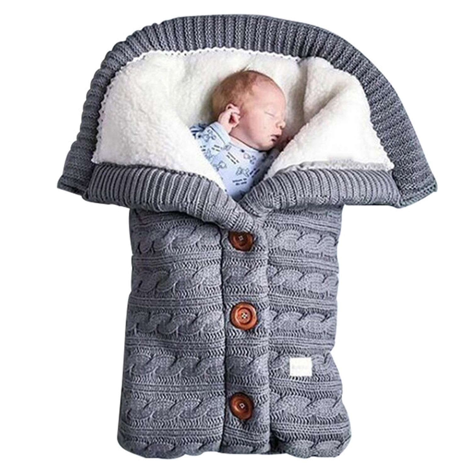 Liemuao - Warmer Winterschlafsack für Neugeborene, Babyschlafsack, Sherpa-Futter für Kinder, mit Engelchen-Motiv, für Babys von 0 bis 6 Monaten (grau)