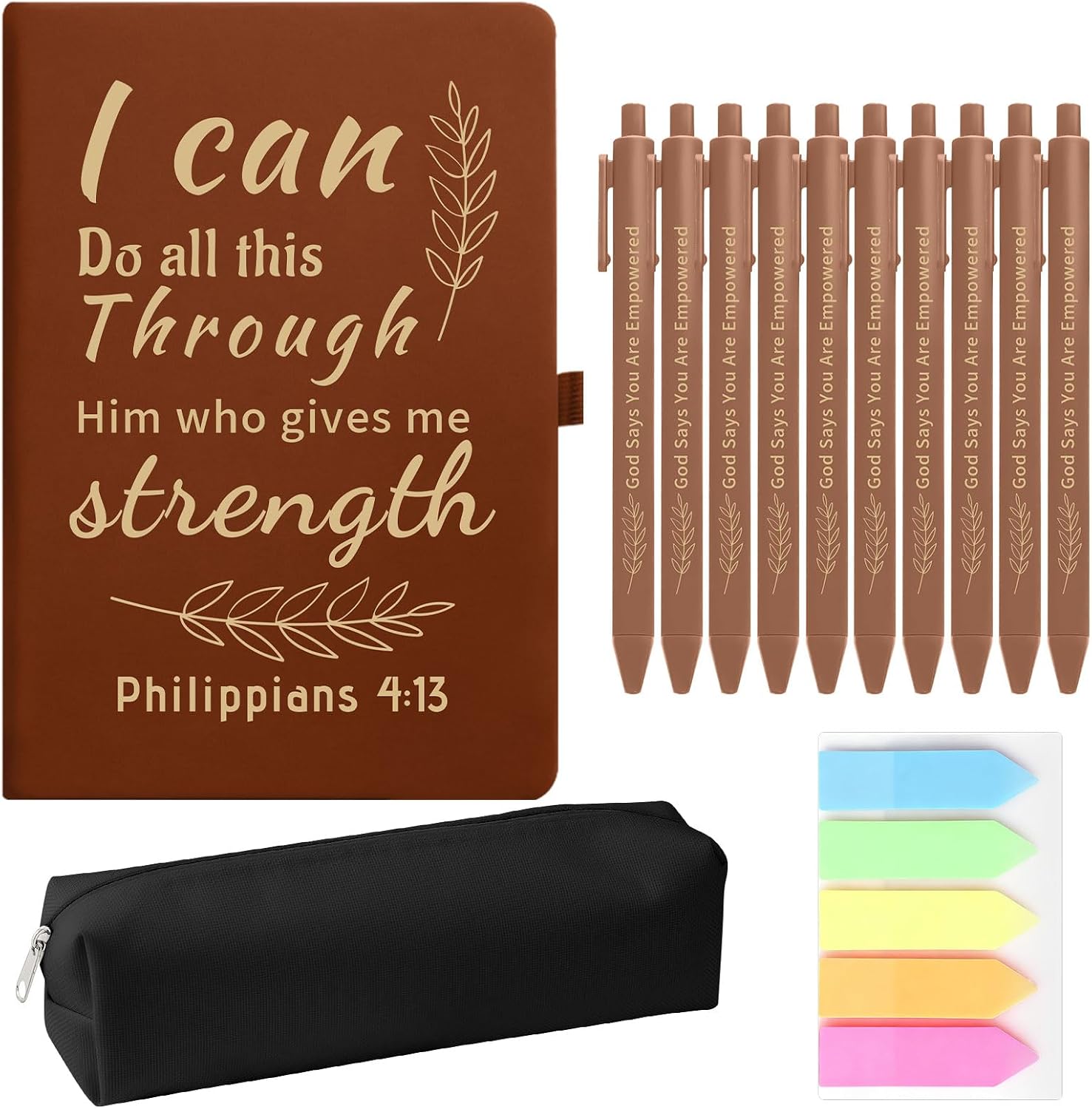 Christian Gift Set, Prayer Notebook and 10 Bible Pen Set with Sticky Notes & Pencil Case, Bulk Inspirational Church Notes Notebook Supplies for Women Men Grandparents Church Pastor, Brown