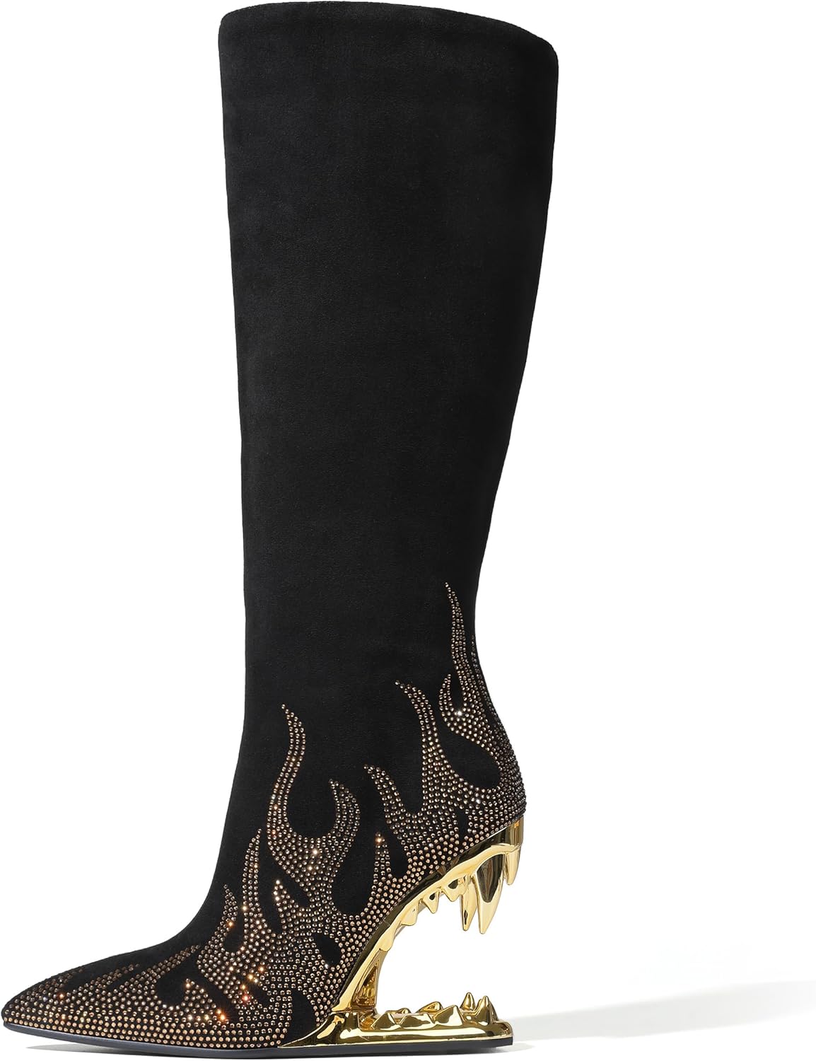 Goiphrri Knee High Boots for Women Suede Wide Calf Boots Side Zipper Tiger Tooth Heel Tall Boot Pointed Toe High Heeled Fall Boot for Women