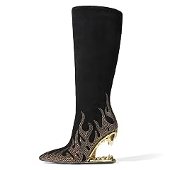 Goiphrri Knee High Boots for Women Suede Wide Calf Boots Side Zipper Tiger Tooth Heel Tall Boot Pointed