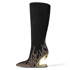 Goiphrri Knee High Boots for Women Suede Wide Calf Boots Side Zipper Tiger Tooth Heel Tall Boot Pointed