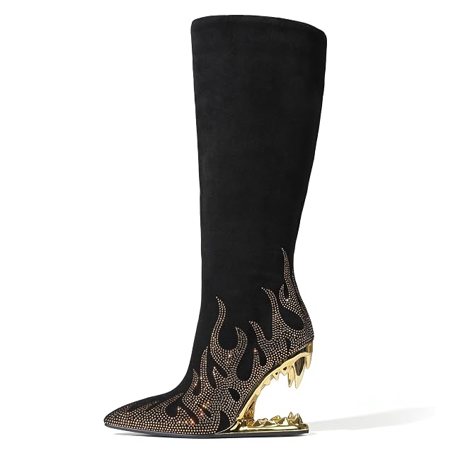 Goiphrri Knee High Boots for Women Suede Wide Calf Boots Side Zipper Tiger Tooth Heel Tall Boot Pointed