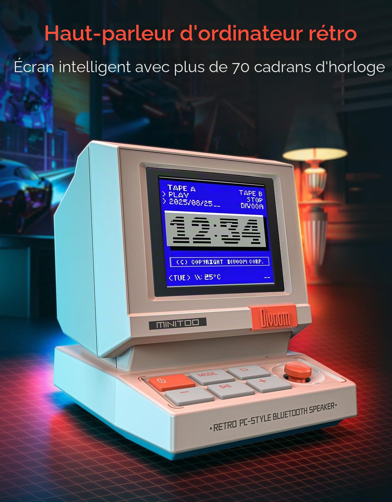 Divoom Minitoo Enceinte Bluetooth Pixel Art, réveil, au Style Mini PC rétro