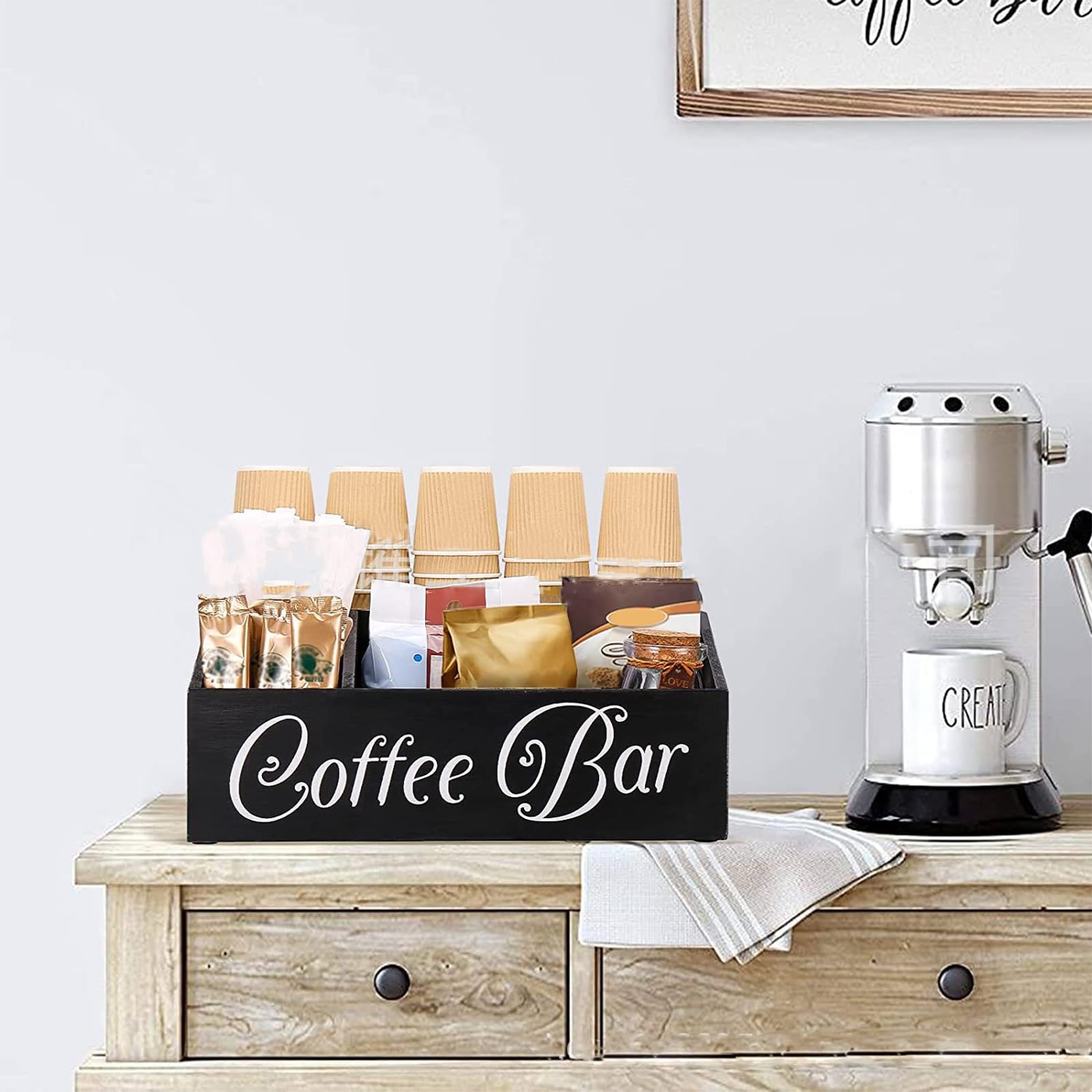 Organisateur de Thé et Station de Café - Accessoires pour Sachets, Lait, Serviettes, Capsules, Bâtonnets de Sucre (Noir)